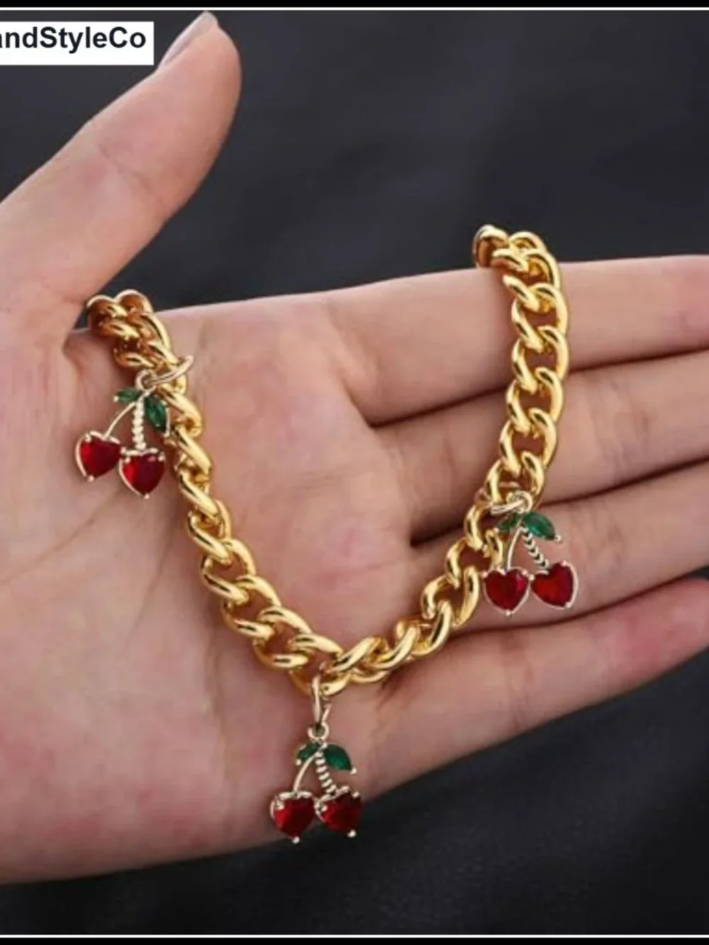 Cherry Charm Wallet Bag Chain Keychain Gold Tone Cute Enamel Style